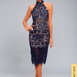 Lulu’s Navy Blue High-Neck Lace MIDI Dress